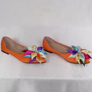 UNBRANDED size 6.5 point-toe ballet flats orange + multicolor bow cushioned inso